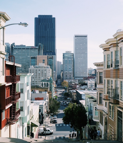 City view with residential and commercial buildings